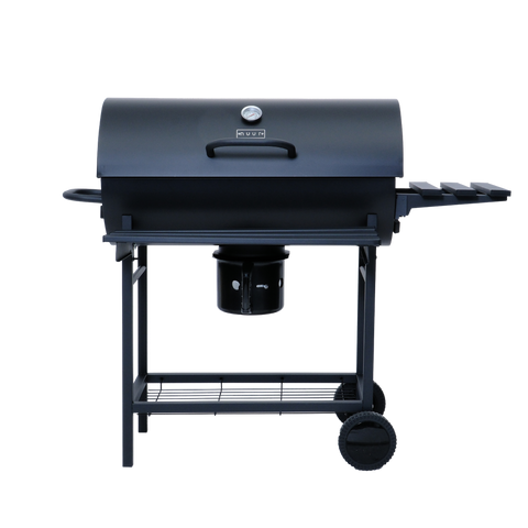 ASADOR DE CARBON TIPO BARRIL CON MESAS DE TRABAJO Y TERMÓMETRO
